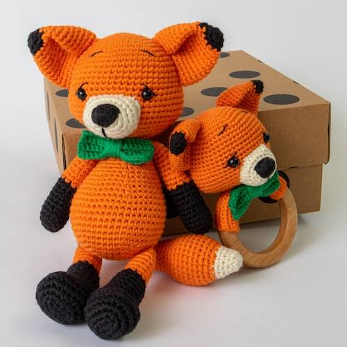 Crochet Fox Teddy and Rattle Baby Gift Set