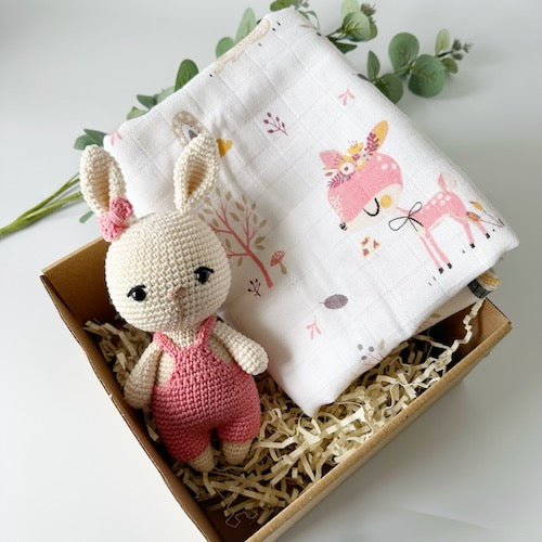 Muslin Blanket and Crochet Bunny Baby Gift Box