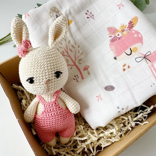 Muslin Blanket and Crochet Bunny Baby Gift Box