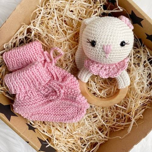 Baby Bunny Rattle and Handmade Booties Gift Set