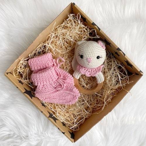 Baby Bunny Rattle and Handmade Booties Gift Set