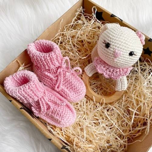 Baby Bunny Rattle and Handmade Booties Gift Set