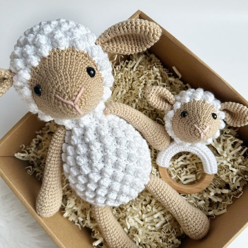 Crochet Fluffy Lamb Teddy and Rattle Baby Gift Box