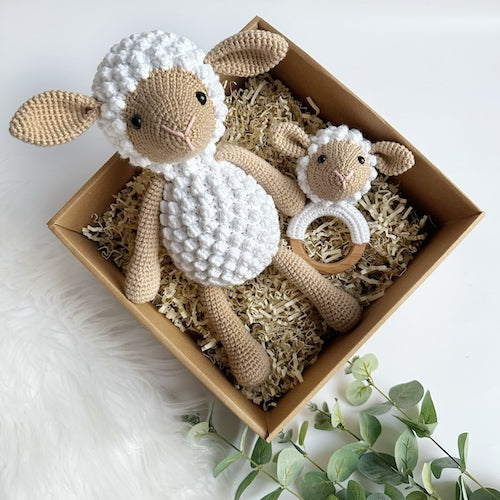 Crochet Fluffy Lamb Teddy and Rattle Baby Gift Box