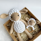Crochet Fluffy Lamb Teddy and Rattle Baby Gift Box