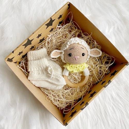Baby Lamb Rattle and Handmade Booties Gift Set