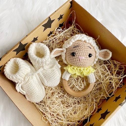 Baby Lamb Rattle and Handmade Booties Gift Set