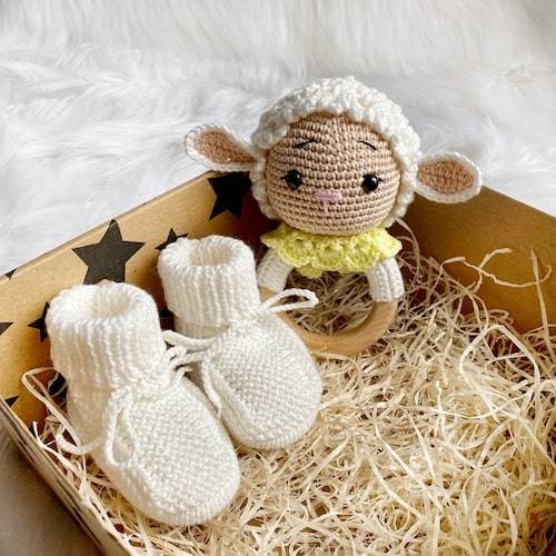 Baby Lamb Rattle and Handmade Booties Gift Set