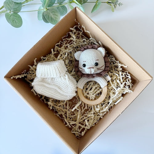Baby Lion Rattle and Handmade Booties Gift Set