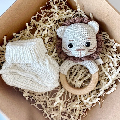 Baby Lion Rattle and Handmade Booties Gift Set
