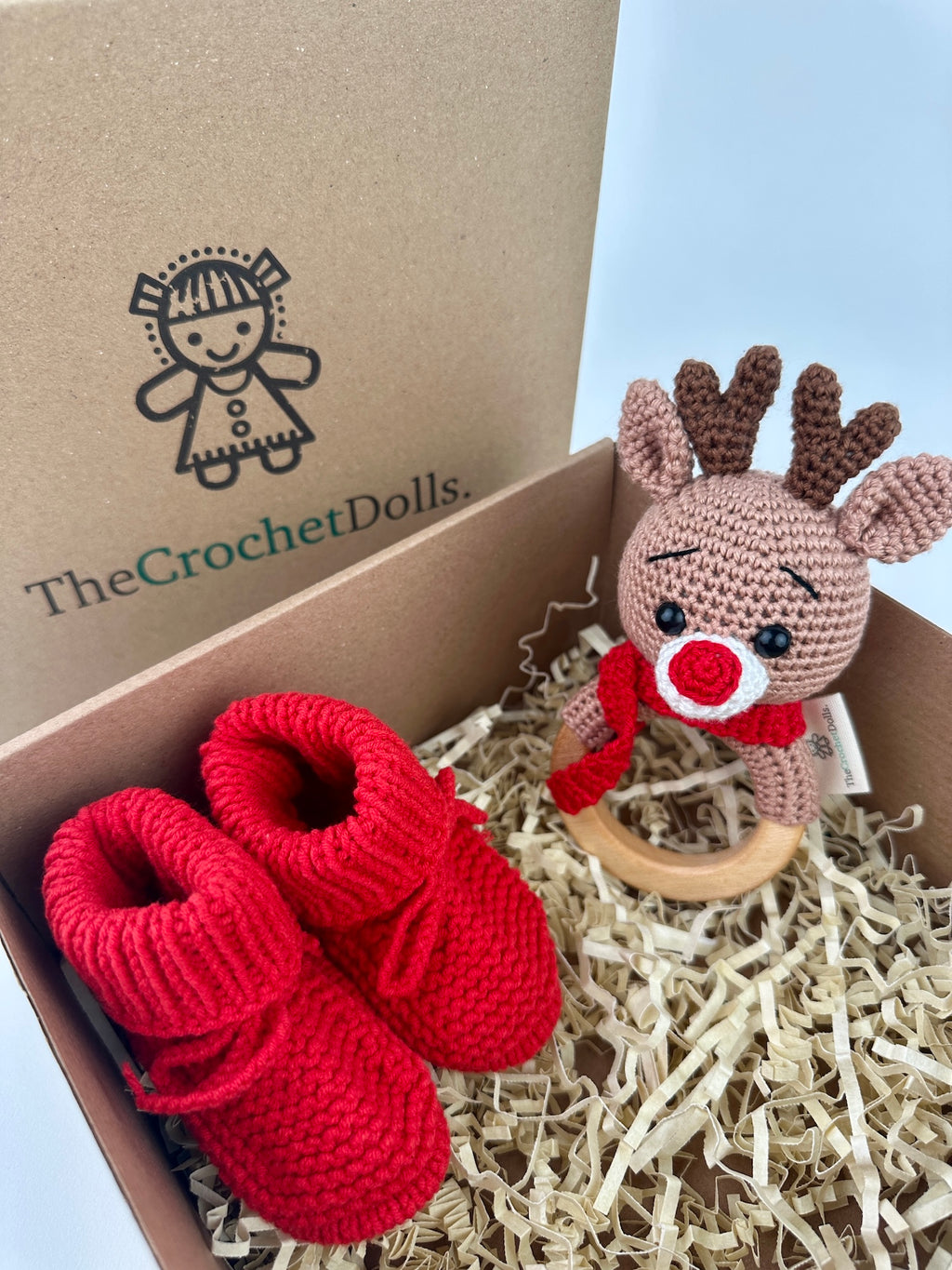 Baby Reindeer Rattle and Handmade Booties Gift Set