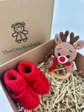 Baby Reindeer Rattle and Handmade Booties Gift Set