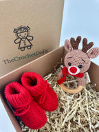Baby Reindeer Rattle and Handmade Booties Gift Set