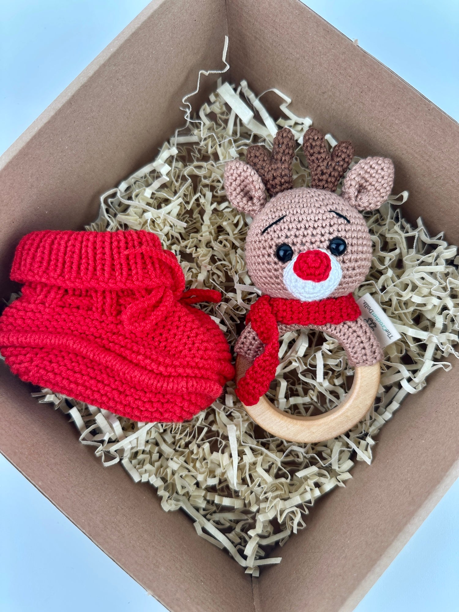 Baby Reindeer Rattle and Handmade Booties Gift Set