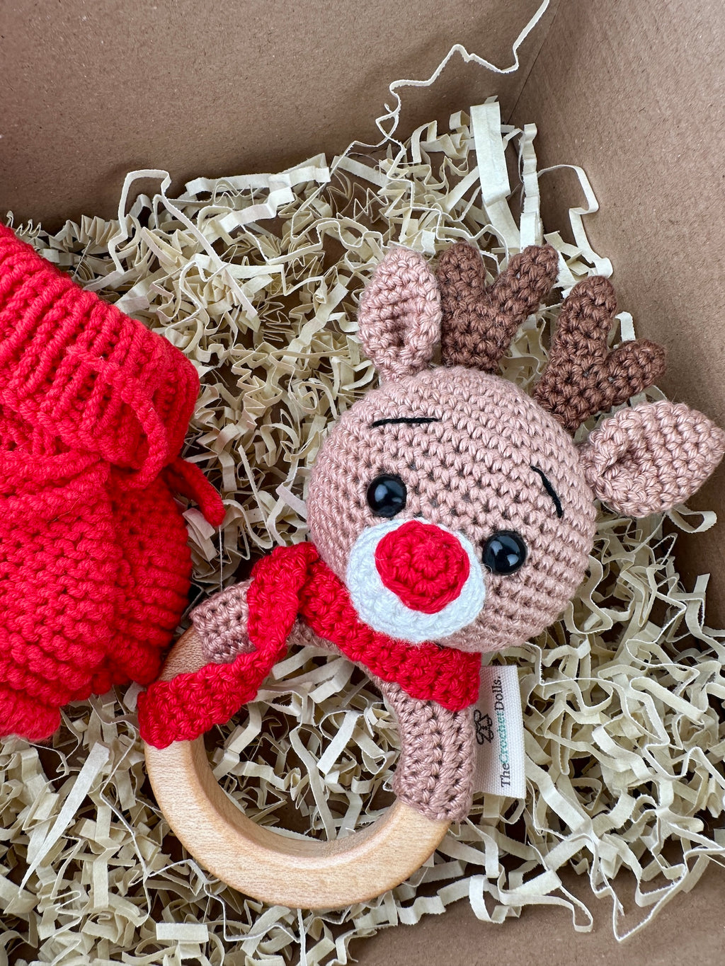 Baby Reindeer Rattle and Handmade Booties Gift Set
