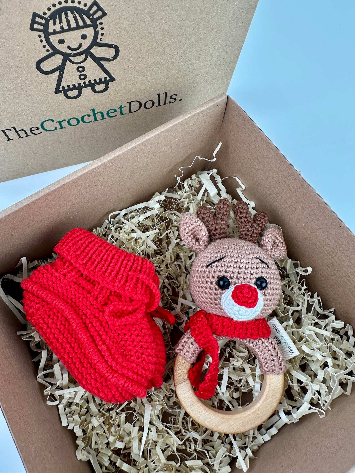 Baby Reindeer Rattle and Handmade Booties Gift Set