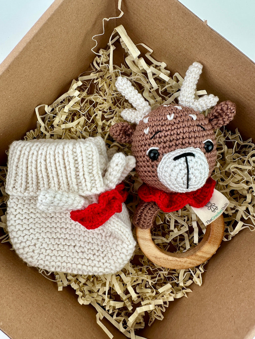 Baby Deer Rattle and Handmade Booties Gift Set