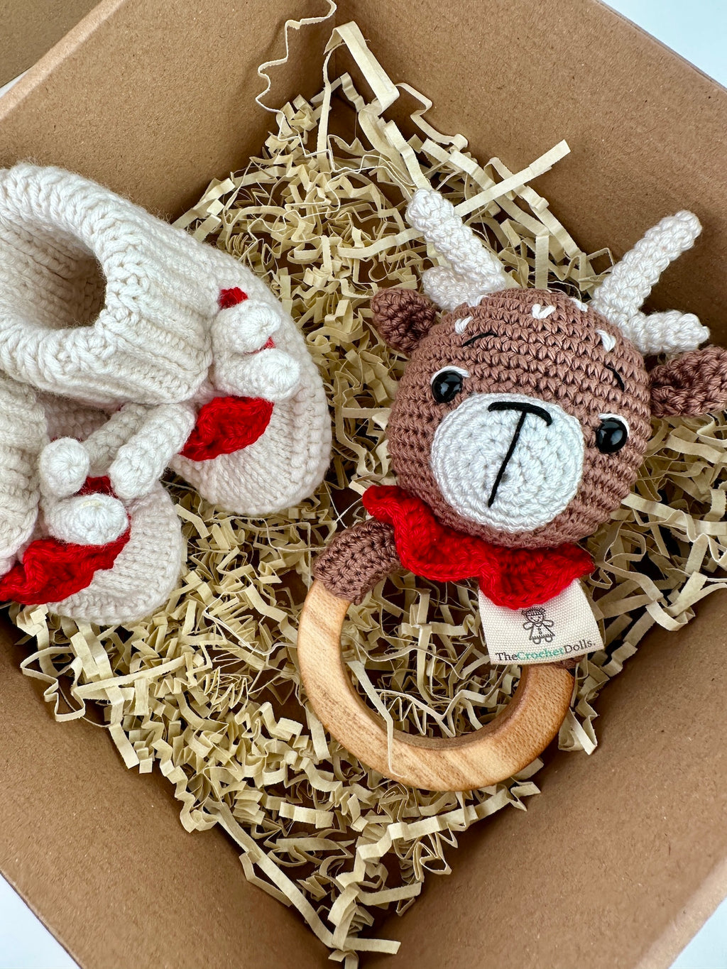 Baby Deer Rattle and Handmade Booties Gift Set