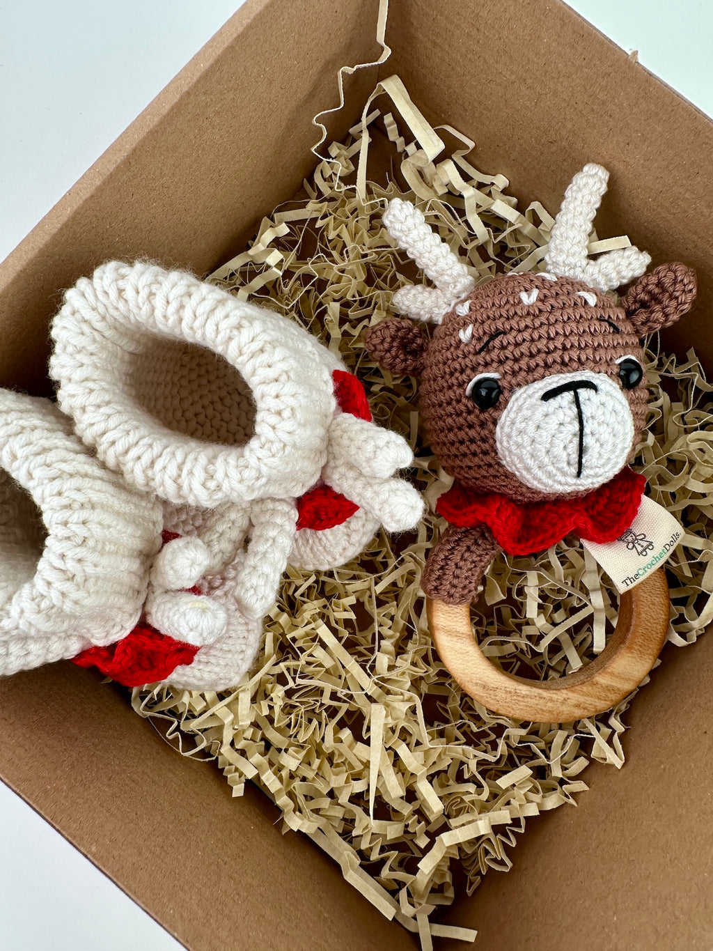 Baby Deer Rattle and Handmade Booties Gift Set