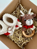 Baby Deer Rattle and Handmade Booties Gift Set