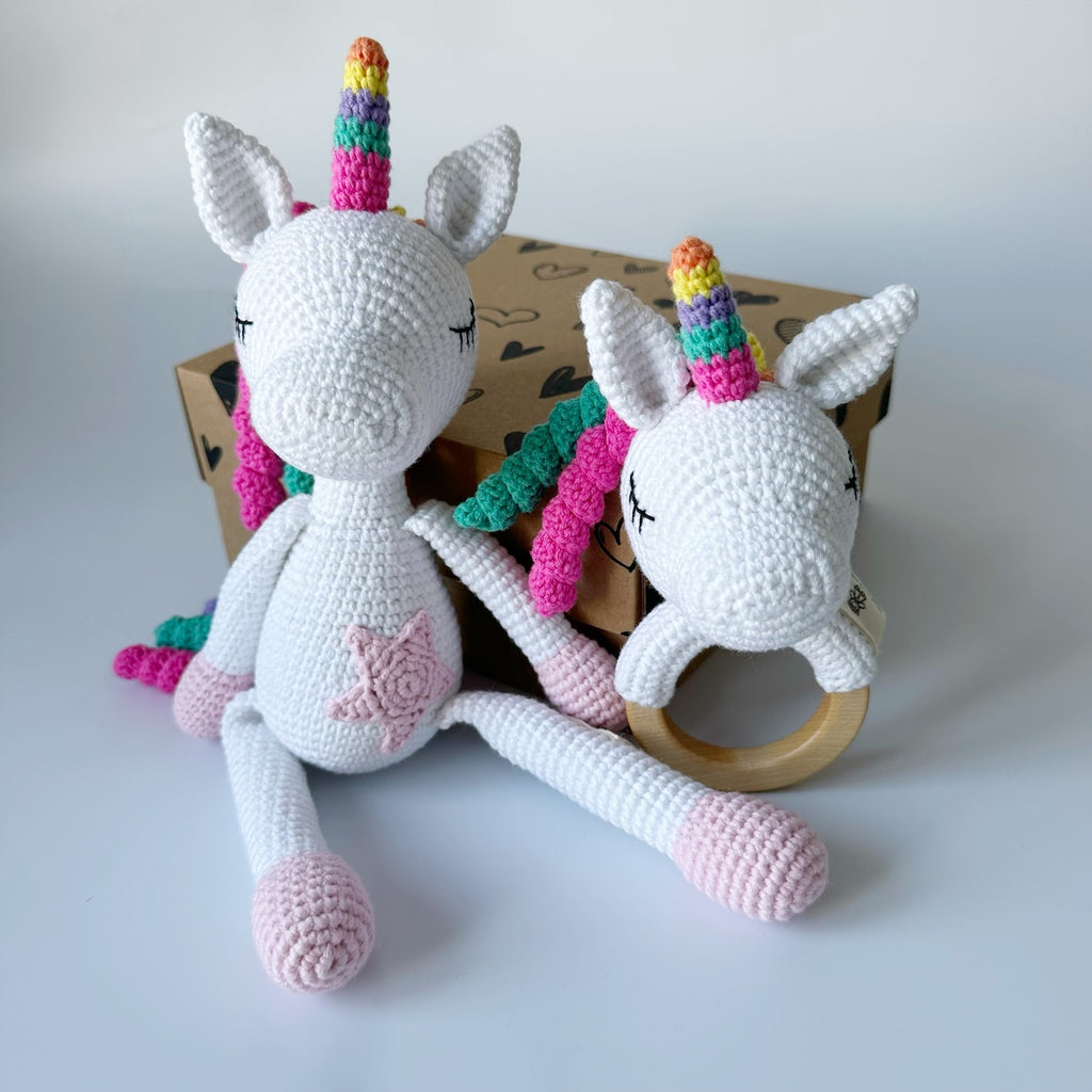 Crochet Unicorn and Rattle Baby Gift Box