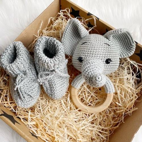 Baby Elephant Rattle and Handmade Booties Gift Set