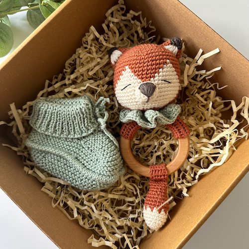 Baby Fox Rattle and Handmade Booties Gift Set