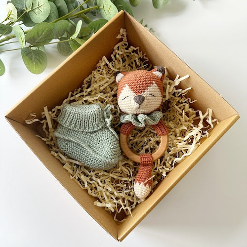 Baby Fox Rattle and Handmade Booties Gift Set